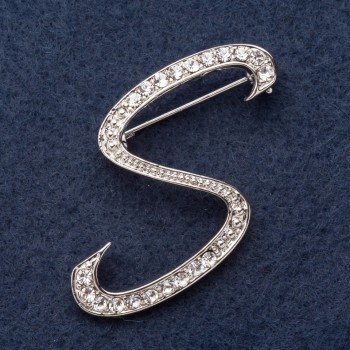 Brooch Series "Initial Letter S" 3x3 cm gray metal, crystals