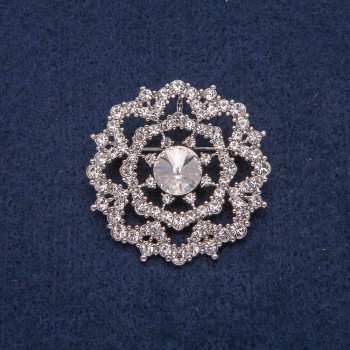 Brooch silver-toned metal with white rhinestones 40x40mm