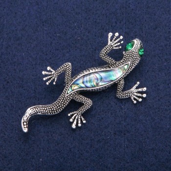 Lizard Brooch with Abalone Pearl and Green Crystals, Silver Metal 34x67mm