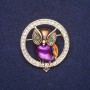 Brooch Owl in a Circle with enamel and crystals, color white yellow purple green, 36×40 mm, gold-tone metal