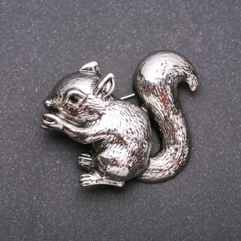 Squirrel Brooch with Gray Silvery Metal and Enamel, 37x48 mm