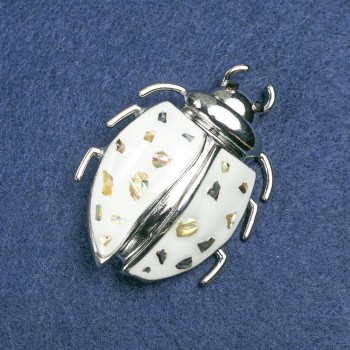 Beetle Brooch in Silver-Tone Metal, White Enamel, Haliotis and Black Crystals 58x24 mm +
