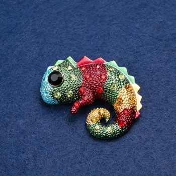 Chameleon Brooch in Gold-Tone Metal, Enamel and Crystals 42x30mm +