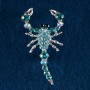 Brooch 'Scorpion' with turquoise-blue rhinestones, gray metal, 55×25 mm