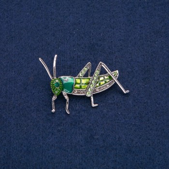 Grasshopper Brooch in Silver-Toned Metal with Green Enamel, White and Green Crystals 45x34mm +