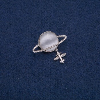 Brooch Saturn Cat's Eye (silver) with plane motif, silver metal with white crystals 35x20mm