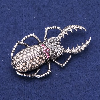 May Beetle Brooch with Rhinestones, Silver-Tone Metal 29×55 mm