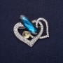 Heart Brooch with Crystals and Stone, White, Blue and Yellow, 38×36 mm, Silver-Tone Metal