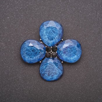 Brooch with Blue Aquarium Effect, Four-Leaf Clover, Gray Metal, 37×45 mm