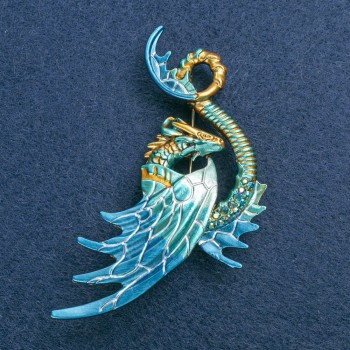 Dragon Brooch with Golden Metal and Enamel 88x50mm +