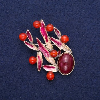 Brooch Leaves with Carnelian, Burgundy Enamel, Golden Metal 38x53mm