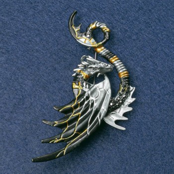 Dragon Brooch, silver-toned metal with enamel and black benzine rhinestones, 88x50 mm +
