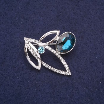 Accent Brooch with Rhinestones in Blue, Light Blue & White, 38 x 32 mm, Silver-Toned Metal
