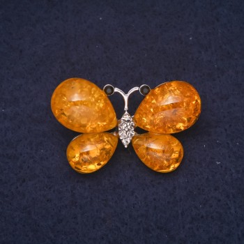 Amber Butterfly Brooch (single) 38×24 mm, color yellow, silver metal