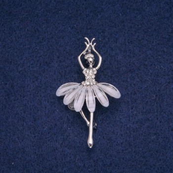Ballerina Brooch with White Crystals, Silver-Colored Metal, 49×28 mm