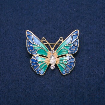 Butterfly Brooch with white crystals and multicolored enamel, gold-tone metal 31x37 mm