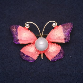 Butterfly Brooch 47x30 mm, rhinestones, enamel, colors white, purple, pink, gold-tone metal