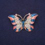 Butterfly Brooch with White Crystals and Enamel, Blue and Coral Colors, 46×28 mm, Yellow Metal