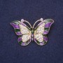 Butterfly Brooch with Purple Enamel and White Crystals, 45×28 mm, Yellow Metal