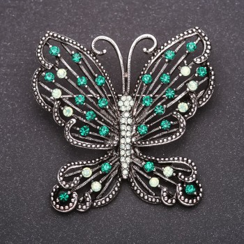 Butterfly Brooch with Green Rhinestones, 52×56 mm, Gray Metal
