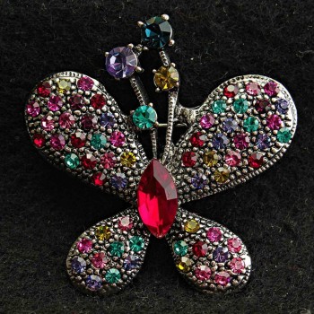 Butterfly Brooch with Multicolored Crystals, Dark Metal 35×36 mm