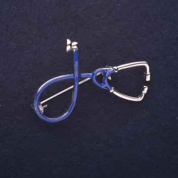 Brooch 'Stethoscope' blue enamel 44×30mm silver-tone metal