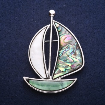Brooch-pendant 'Boat' with haliotis and mother-of-pearl 62x45mm