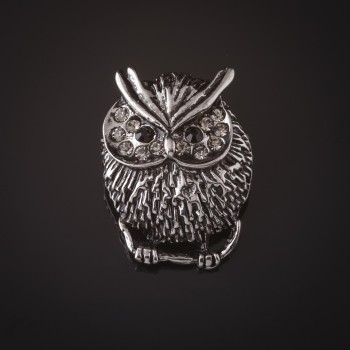 Owl Brooch with Silvered White Crystals 3.5 cm