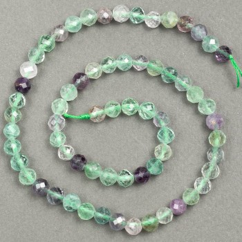 Natural fluorite stone faceted beads on thread, 6 mm diameter, 39 cm long +