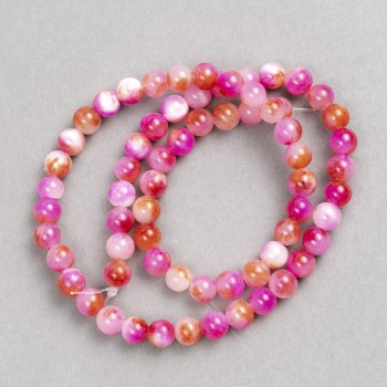 Beads Raspberry-White-Copper 'Agate' (Acrylic) on beading thread, smooth round beads, diameter 6mm ±, length 40cm +