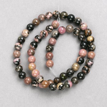 Rhodonite Beads on Thread, Smooth Round Beads, 6.5 mm Diameter, 38 cm Length