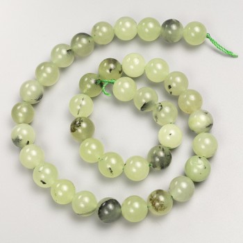 Prehnite beads, smooth round on thread, diameter about 10 mm, length about 38 cm