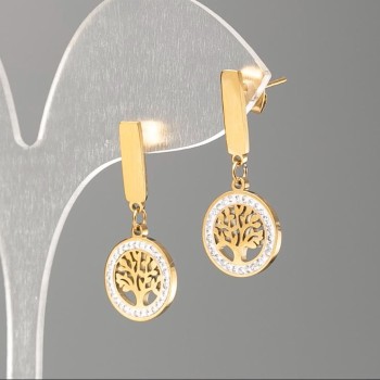 Xuping Gold-Plated Tree-Shaped Stud Earrings with White Rhinestones, 12 mm diameter, 2.8 cm length+
