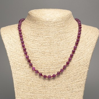 Burgundy 'Tourmaline' Necklace with Smooth Beads, 6 mm Diameter, About 50 cm Long, White Nephrite Stone (synthetic dyed)