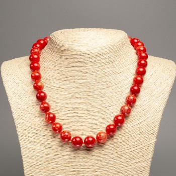 Necklace 'Red Coral' with smooth beads, 12 mm diameter (approx.), 50 cm long (approx.), made of white nephrite stone (synthetic dyed)
