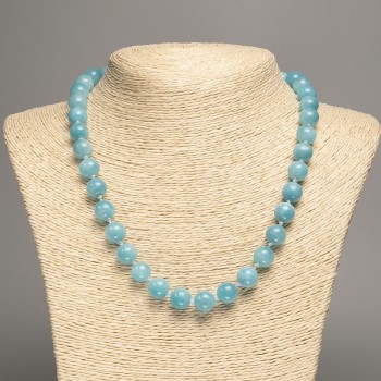 Blue Aquamarine Necklace with Smooth Beads, 10 mm diameter, 50 cm length, made from white nephrite (synthetic dyed)