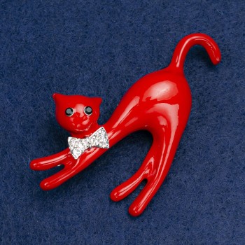 Brooch 'Kitty' red acrylic with white crystals, silver metal 66x41 mm