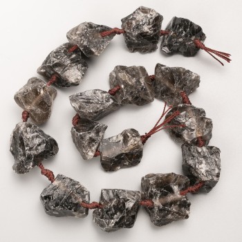 Smoky Quartz Beads, Unpolished Natural Stone, Faceted on Thread, Dia. 25–27 mm, Length 42 cm