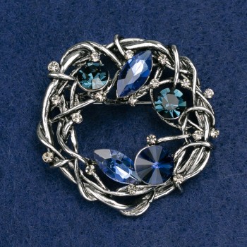 Accent Brooch with Blue and Green Crystals, White Rhinestones, Dark-Silver Metal, 47x47mm