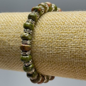 Jasper Heliotrope Bracelet - Natural Stone, Smooth Rondels, 8×5 mm diameter, 18 cm length (stretch) with White Rhinestones