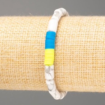 Bracelet 'Ukraine' Kaolin natural stone, cylindrical beads 10×6 mm ±, and polymer clay, length 18 cm (stretch)