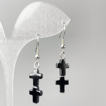 Earrings 'Hematite Cross', 8 mm diameter, 5×22 mm, length 44 mm