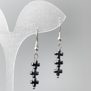 Hematite Cross Earrings, 6×20 mm, overall length 41 mm
