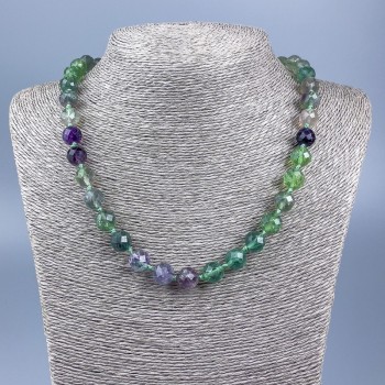 Fluorite natural stone necklace with faceted beads, diameter about 10 mm, length 50 cm