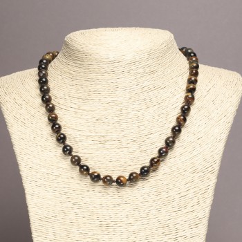 Natural hawk's eye stone necklace with smooth 8 mm beads, length 45 cm