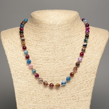 Beaded Necklace of Multicolored Agate with a Faceted Bead, 8 mm diameter, 49 cm length +