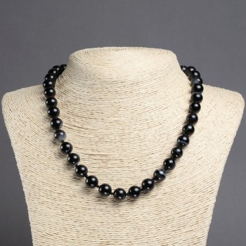 Black Agate Beaded Necklace, Smooth Beads, 10 mm Diameter, 45 cm Length
