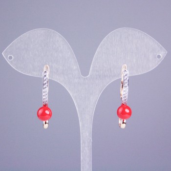 Xuping Earrings with 18K Gold Plating, White Crystals and Red Bead, 30x8 mm+
