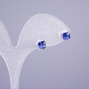 Xuping Rhodium-Plated Blue Stone Stud Earrings, Square 5x5 mm, Length 16 mm