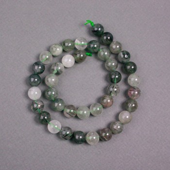 Beads on thread – Rutilated Quartz natural stone, smooth round beads, 10 mm diameter, 39 cm length